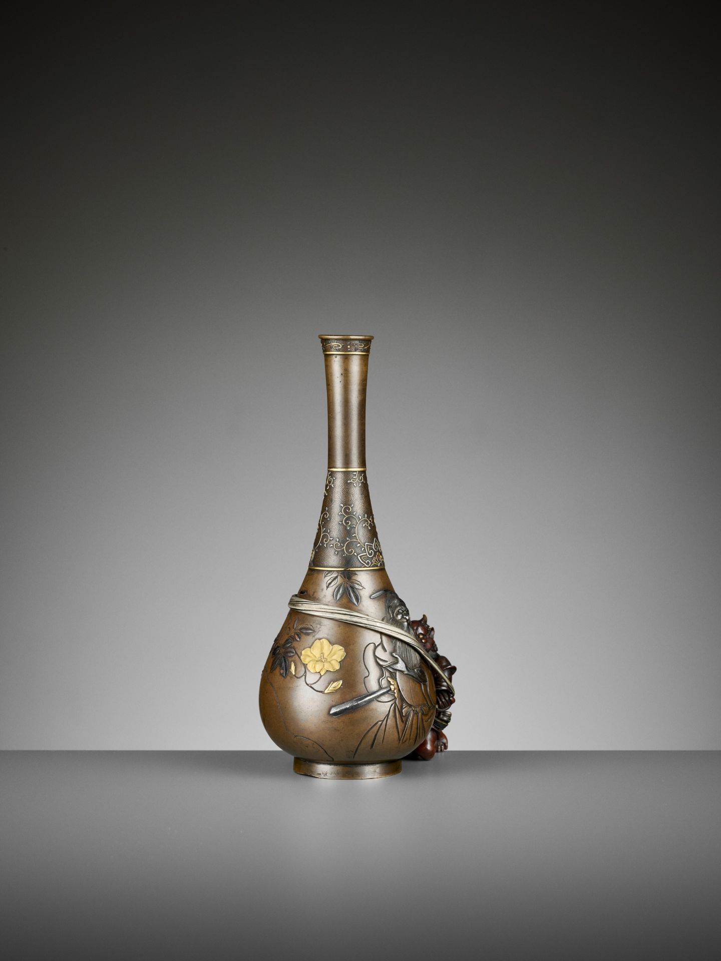 AN EXCEPTIONAL MIXED METAL 'SHOKI AND ONI' VASE - Image 8 of 11