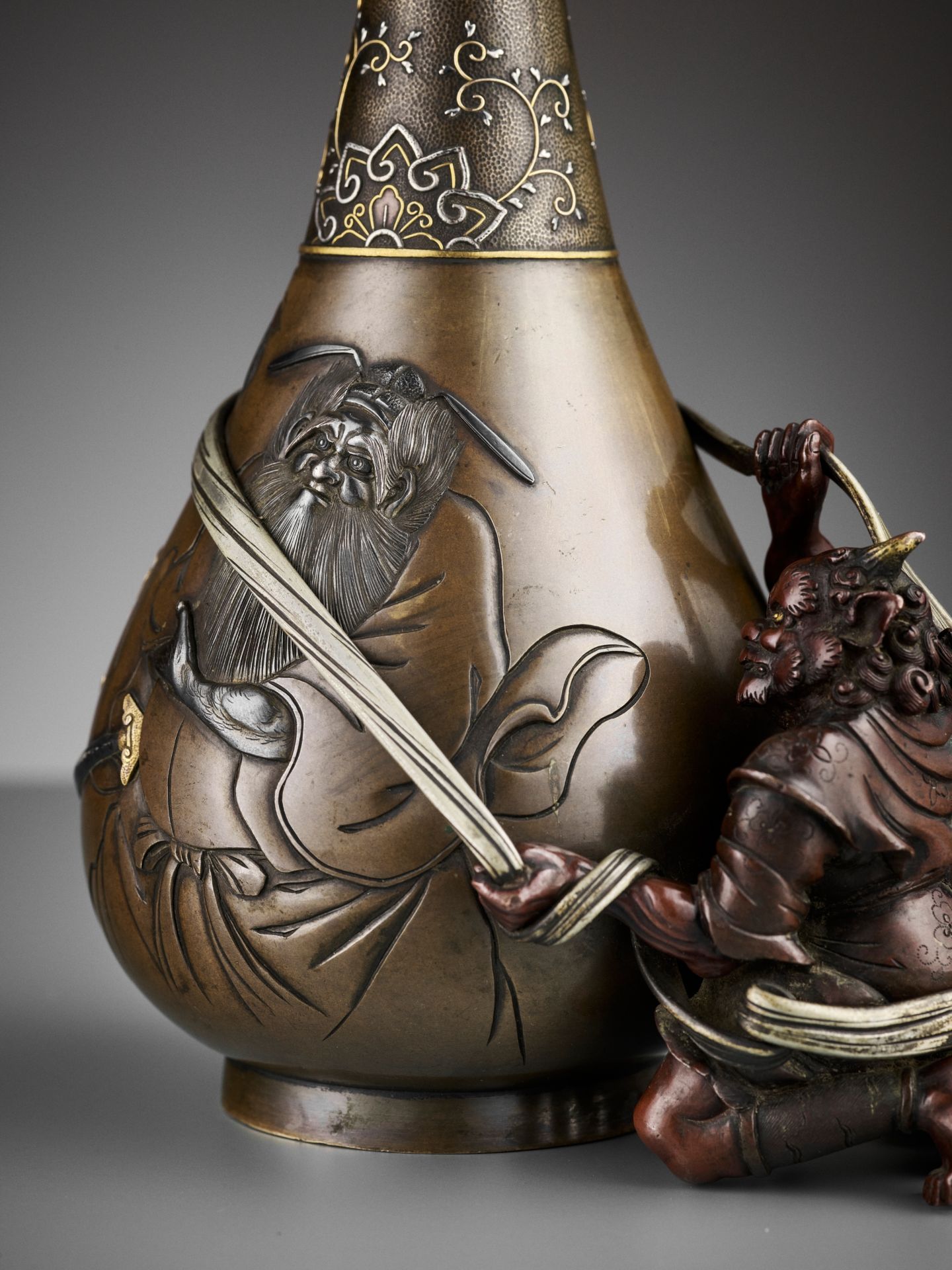 AN EXCEPTIONAL MIXED METAL 'SHOKI AND ONI' VASE - Image 3 of 11