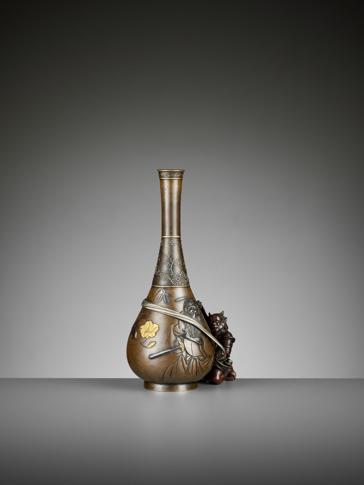 AN EXCEPTIONAL MIXED METAL 'SHOKI AND ONI' VASE - Image 9 of 11