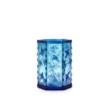 A CARVED HEXAGONAL BLUE OVERLAY GLASS BRUSH POT, QING DYNASTY