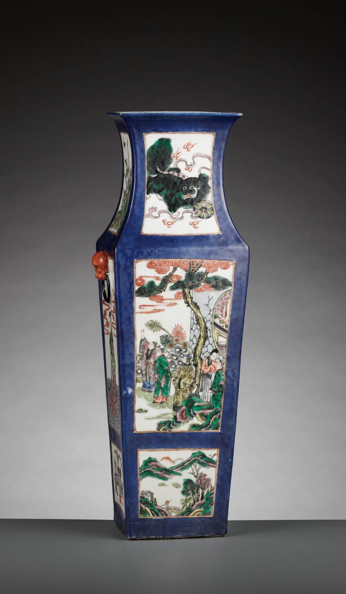 A POWDER BLUE-GROUND FAMILLE VERTE SQUARE BALUSTER VASE, LATE QING DYNASTY