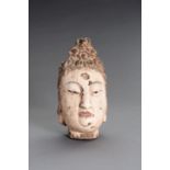 A CARVED POLYCHROME WOOD HEAD OF GUANYIN
