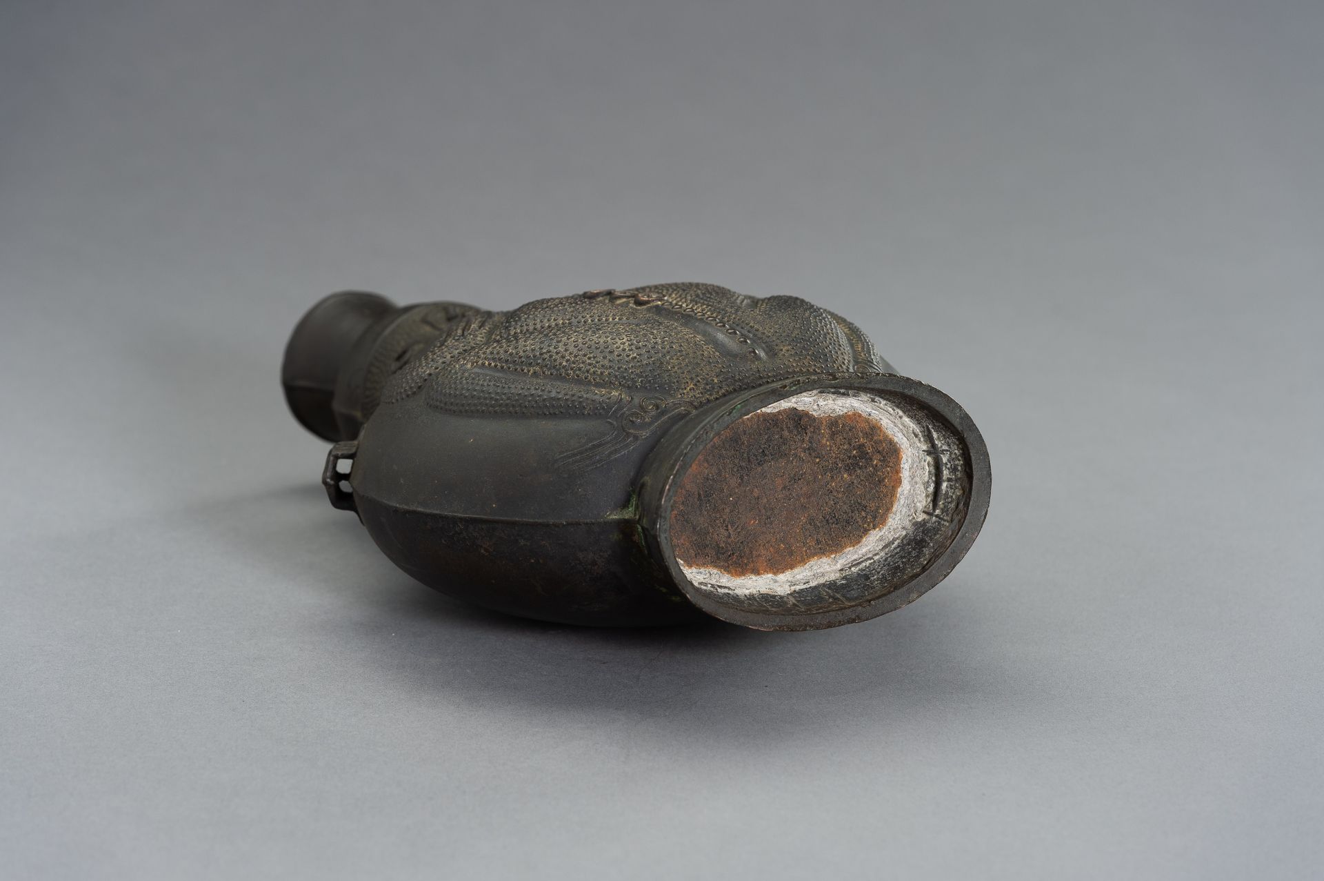 A REMARKABLE BRONZE TOAD FLASK - Image 11 of 13