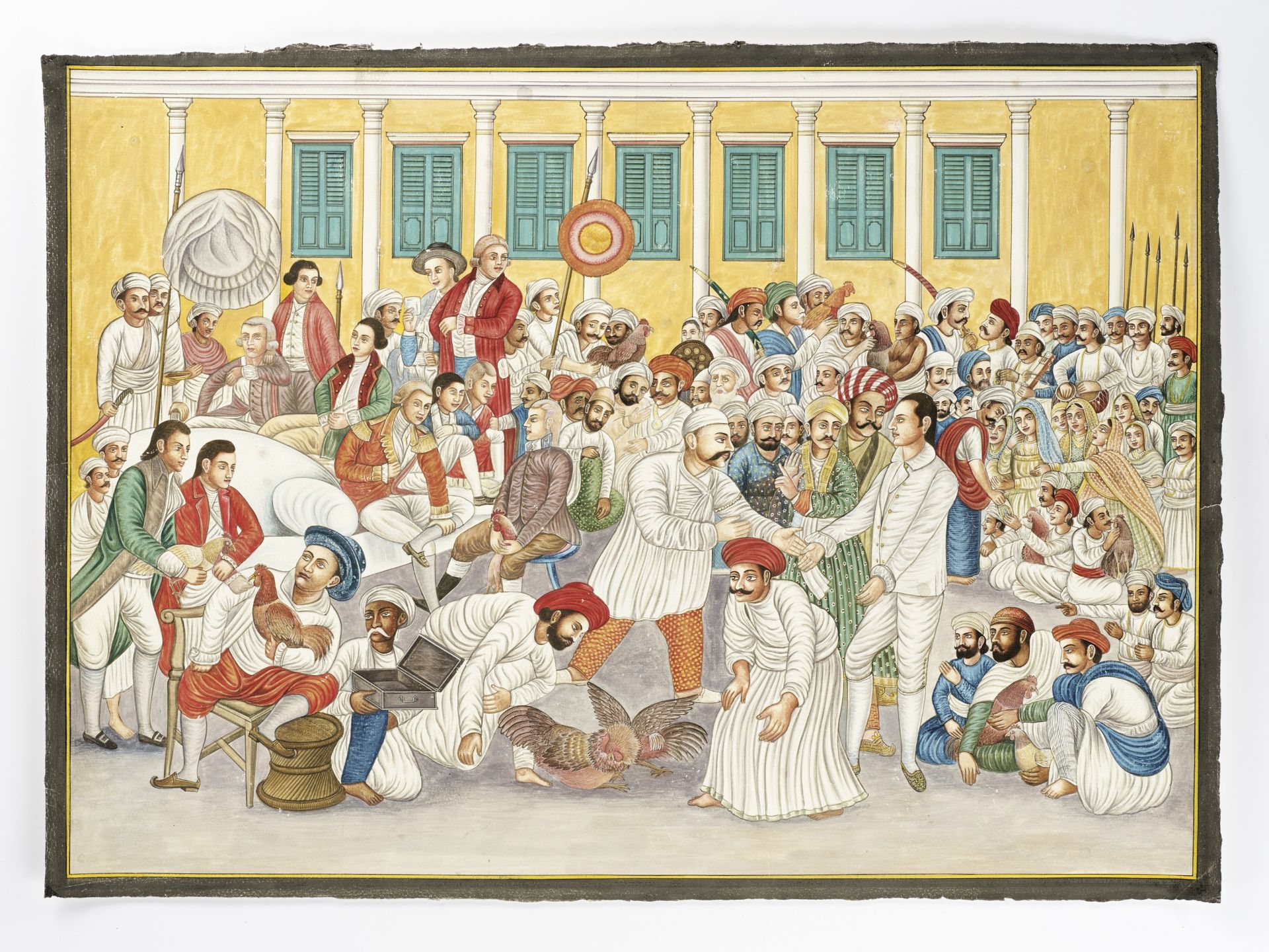 A LARGE INDIAN COMPANY SCHOOL PAINTING OF A COCK FIGHT