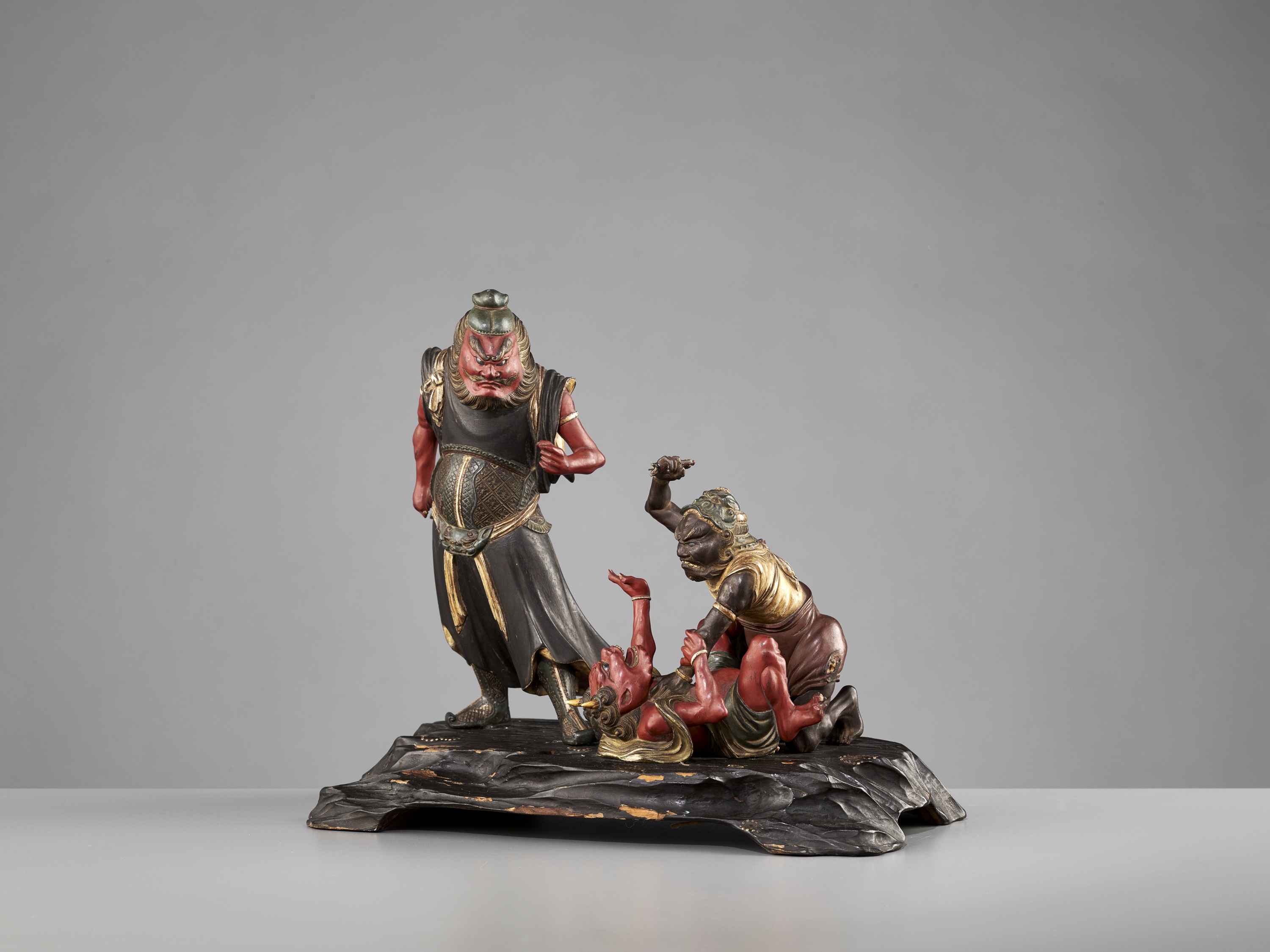 A RARE MUROMACHI TO EDO PERIOD POLYCHROME WOOD GROUP WITH SHOKI AND ONI - Image 6 of 17