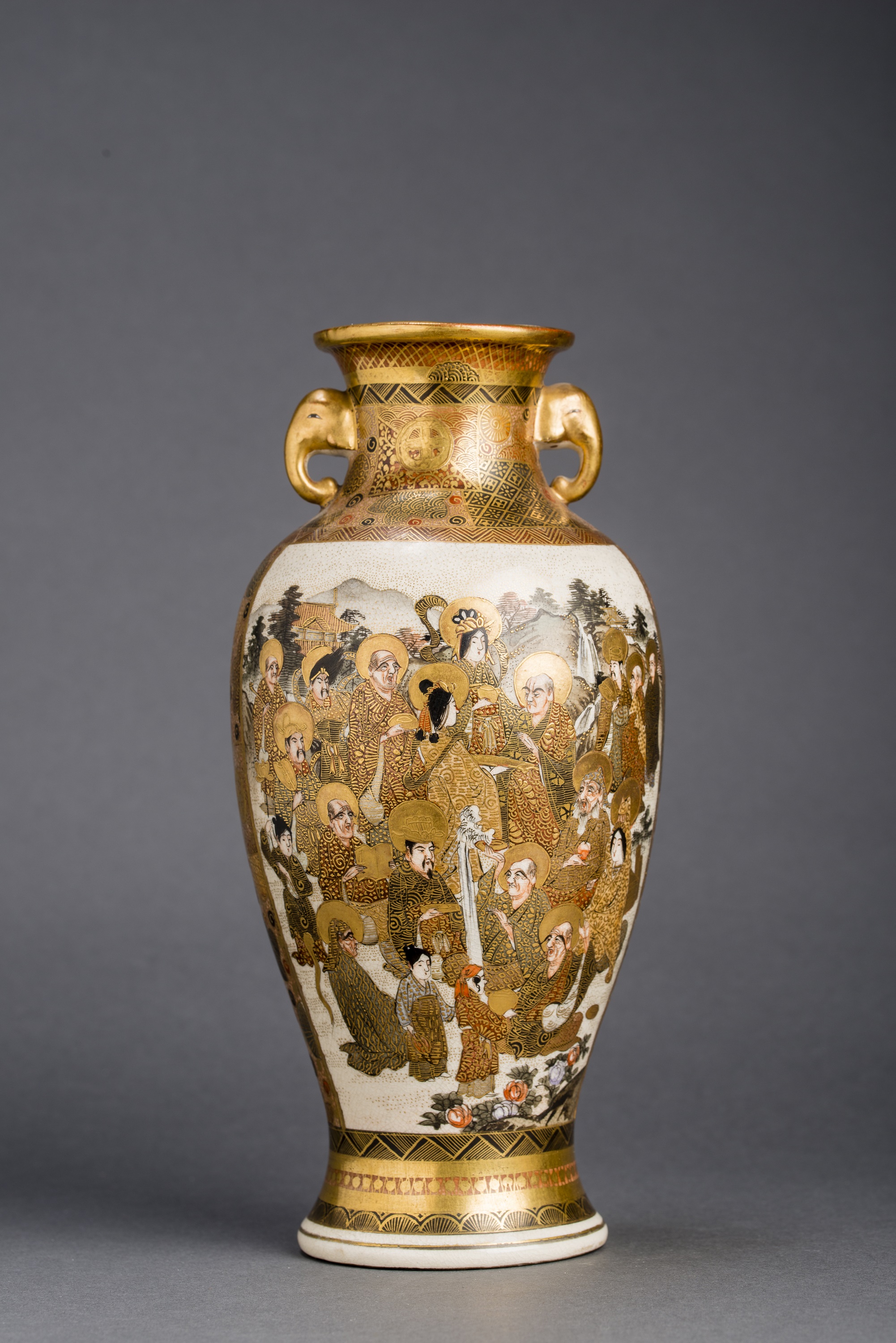 A JAPANESE MEIJI PERIOD GLAZED CERAMIC VASE WITH ROYALS AND SAINTS, SIGNED HODODA - Image 7 of 10