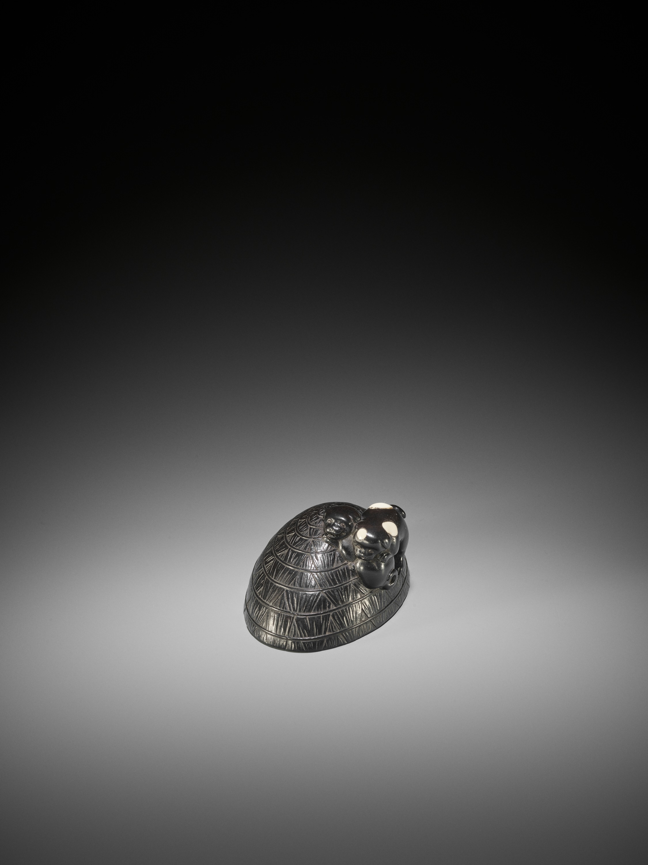 A LARGE INLAID EBONY WOOD NETSUKE OF PUPPIES ON A STRAW HAT - Image 9 of 11