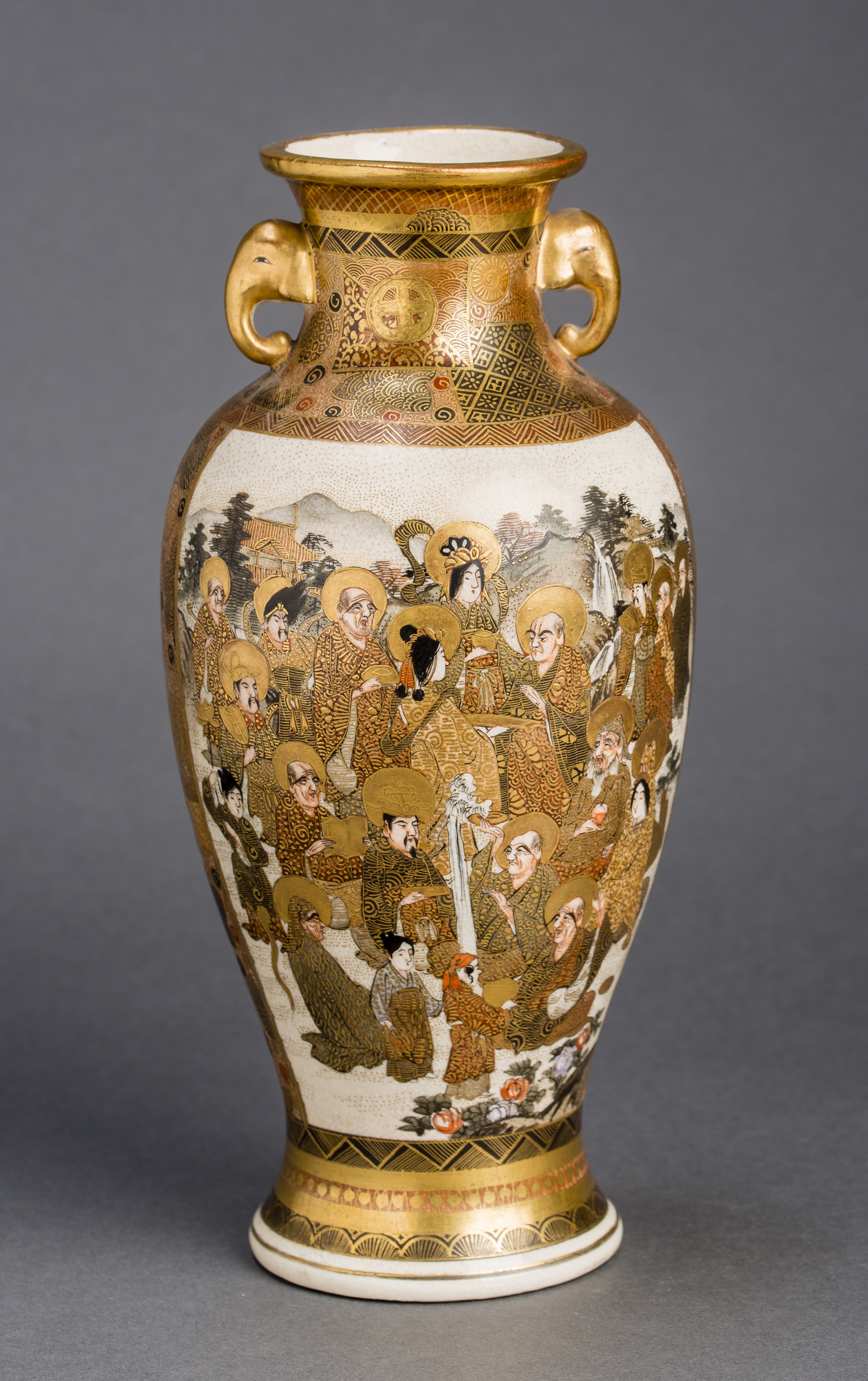 A JAPANESE MEIJI PERIOD GLAZED CERAMIC VASE WITH ROYALS AND SAINTS, SIGNED HODODA