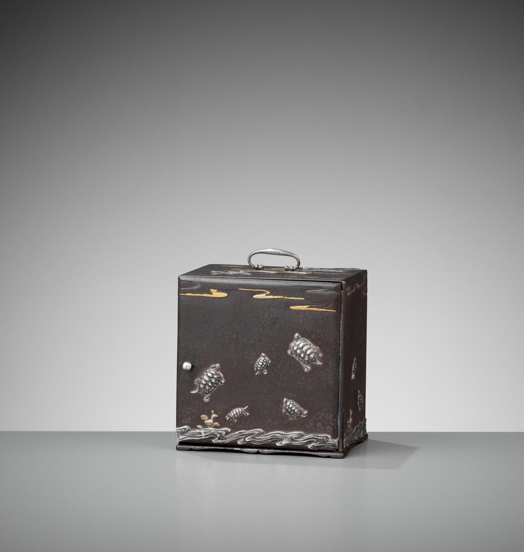 AN EXCEPTIONALLY RARE INLAID IRON MINIATURE KODANSU (CABINET) WITH TURTLES AND CRANES