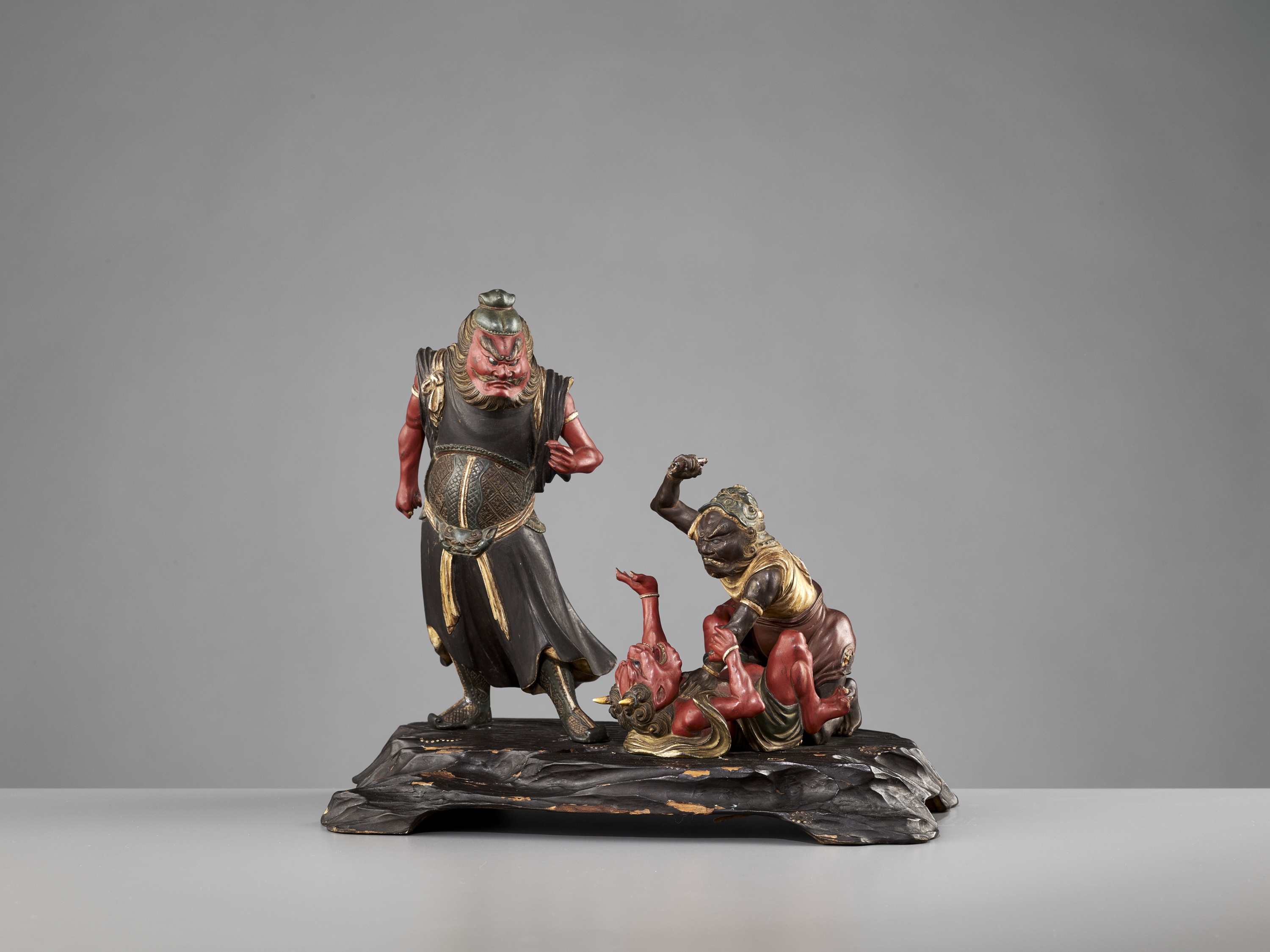 A RARE MUROMACHI TO EDO PERIOD POLYCHROME WOOD GROUP WITH SHOKI AND ONI - Image 5 of 17