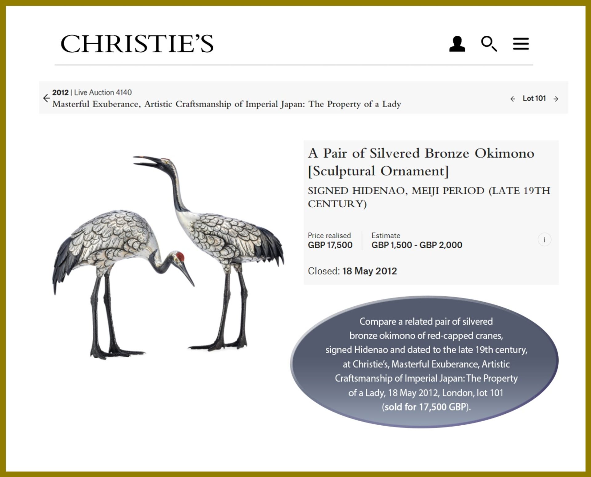 MUSASHIYA: A FINE AND RARE SILVERED OKIMONO OF A PAIR OF CRANES - Image 11 of 11