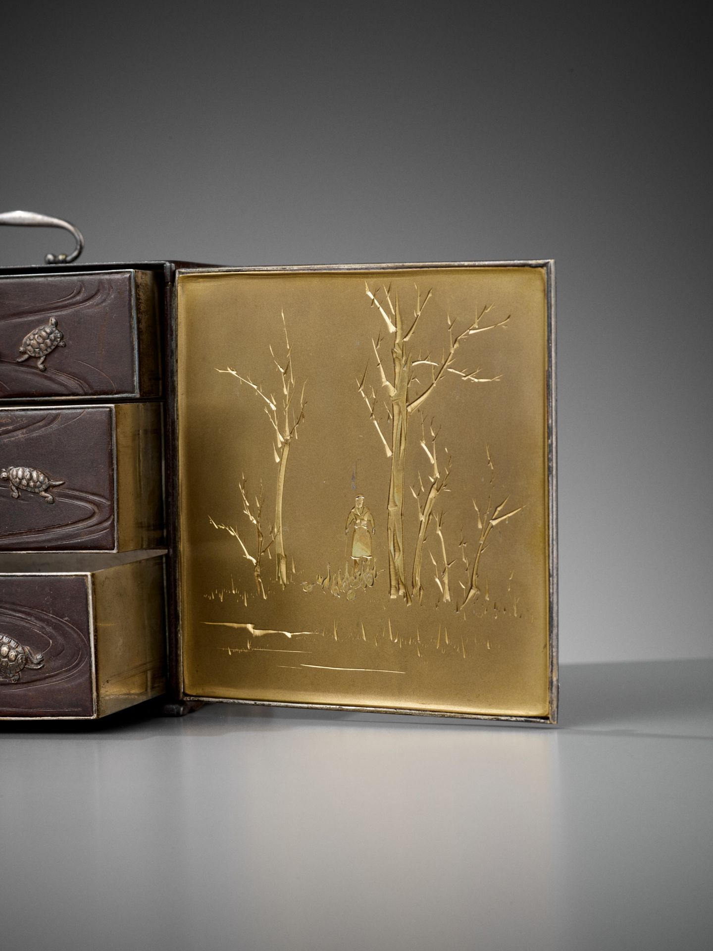 AN EXCEPTIONALLY RARE INLAID IRON MINIATURE KODANSU (CABINET) WITH TURTLES AND CRANES - Image 6 of 10