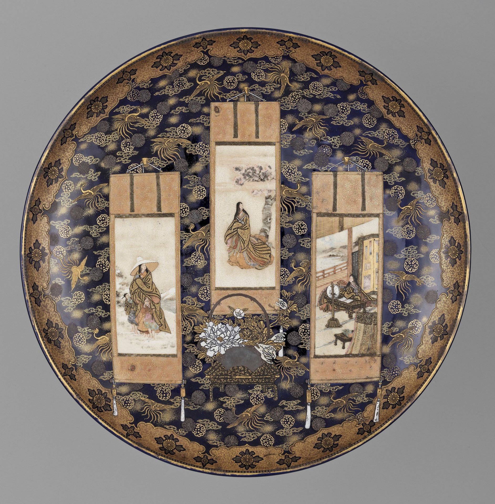 KINKOZAN: A SATSUMA CERAMIC DISH WITH SCROLL PAINTINGS OF POETS