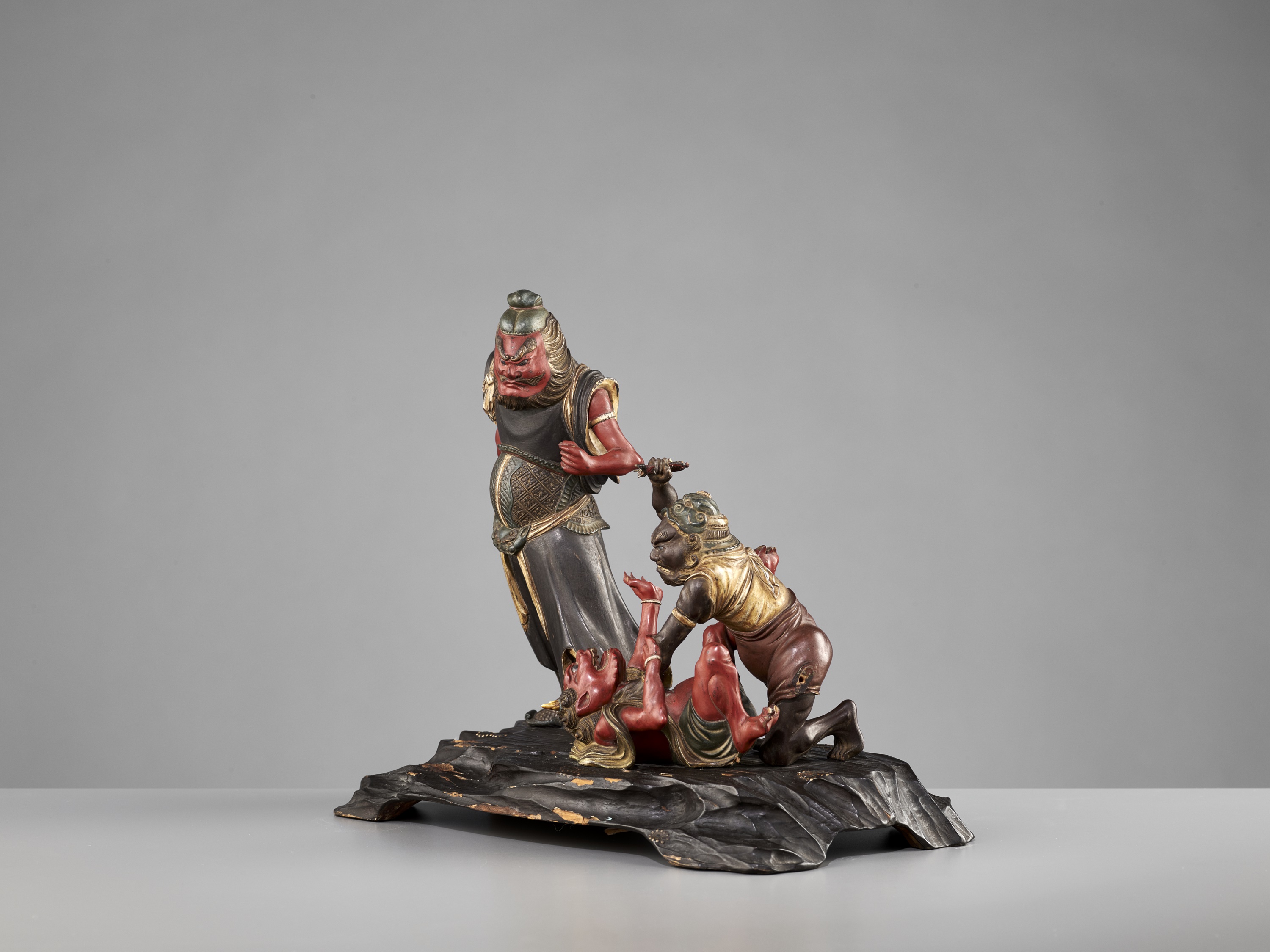 A RARE MUROMACHI TO EDO PERIOD POLYCHROME WOOD GROUP WITH SHOKI AND ONI - Image 8 of 17