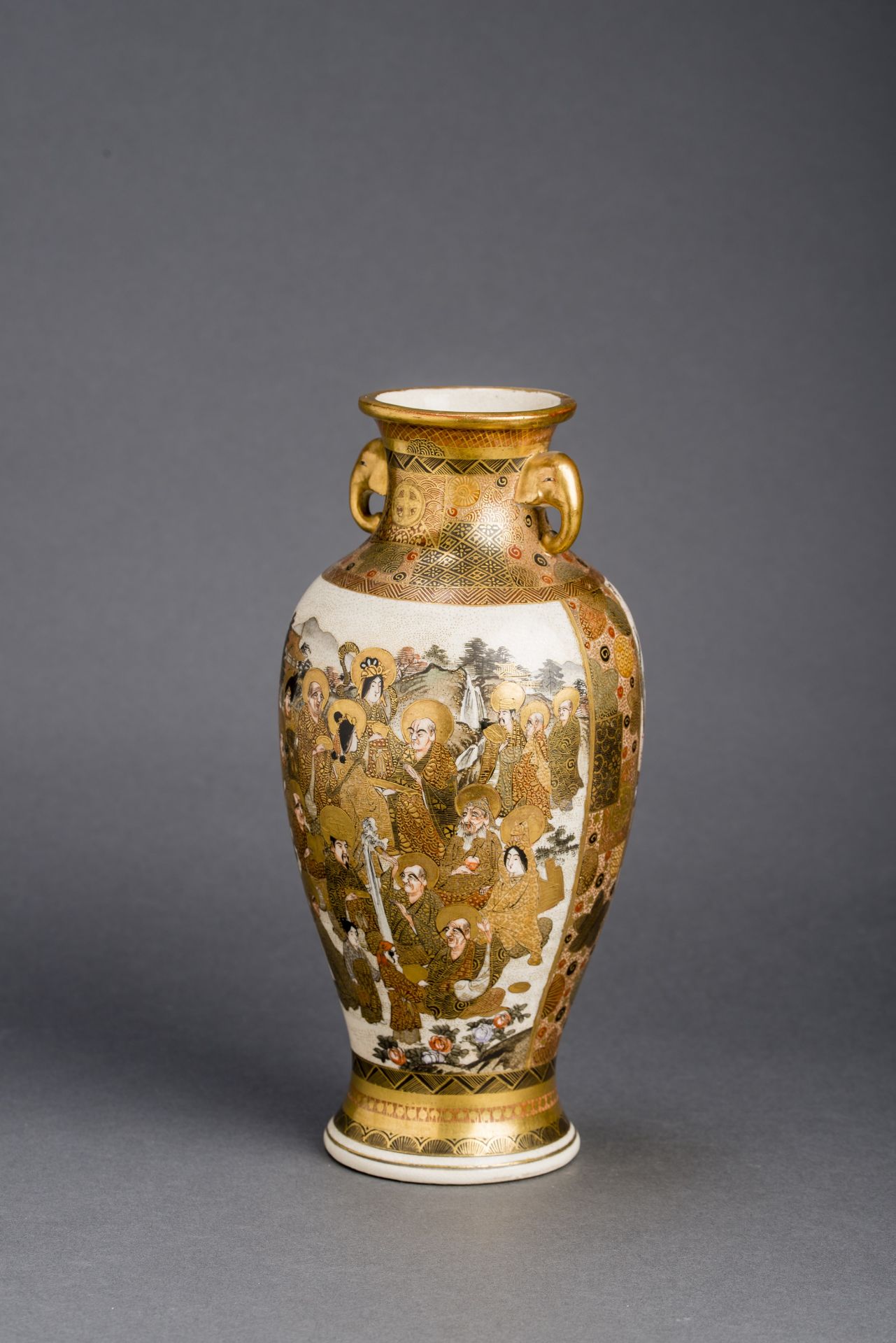 A JAPANESE MEIJI PERIOD GLAZED CERAMIC VASE WITH ROYALS AND SAINTS, SIGNED HODODA - Image 3 of 10