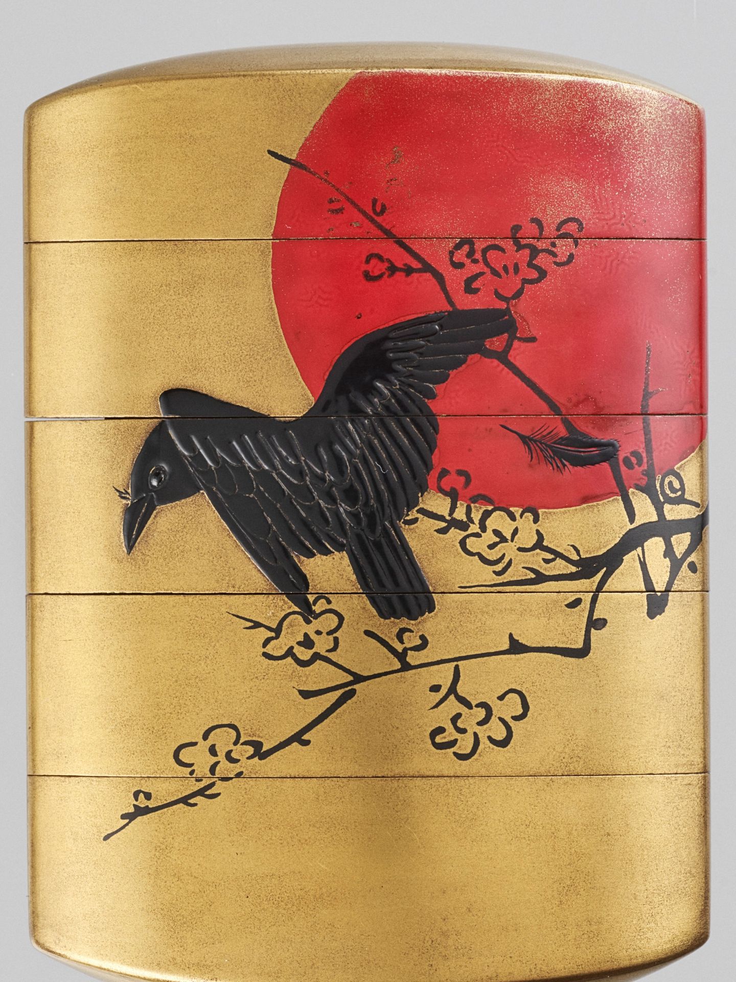 ZESHIN: A LACQUER FOUR-CASE INRO DEPICTING A CROW AGAINST A RED MOON - Image 2 of 7