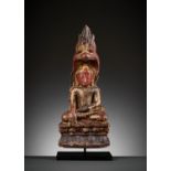 A LARGE LACQUER-GILT WOOD FIGURE OF BUDDHA MUCHALINDA