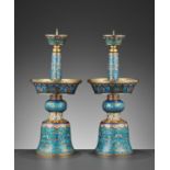 A PAIR OF CLOISONNE ENAMEL CANDLESTICKS, QIANLONG PERIOD