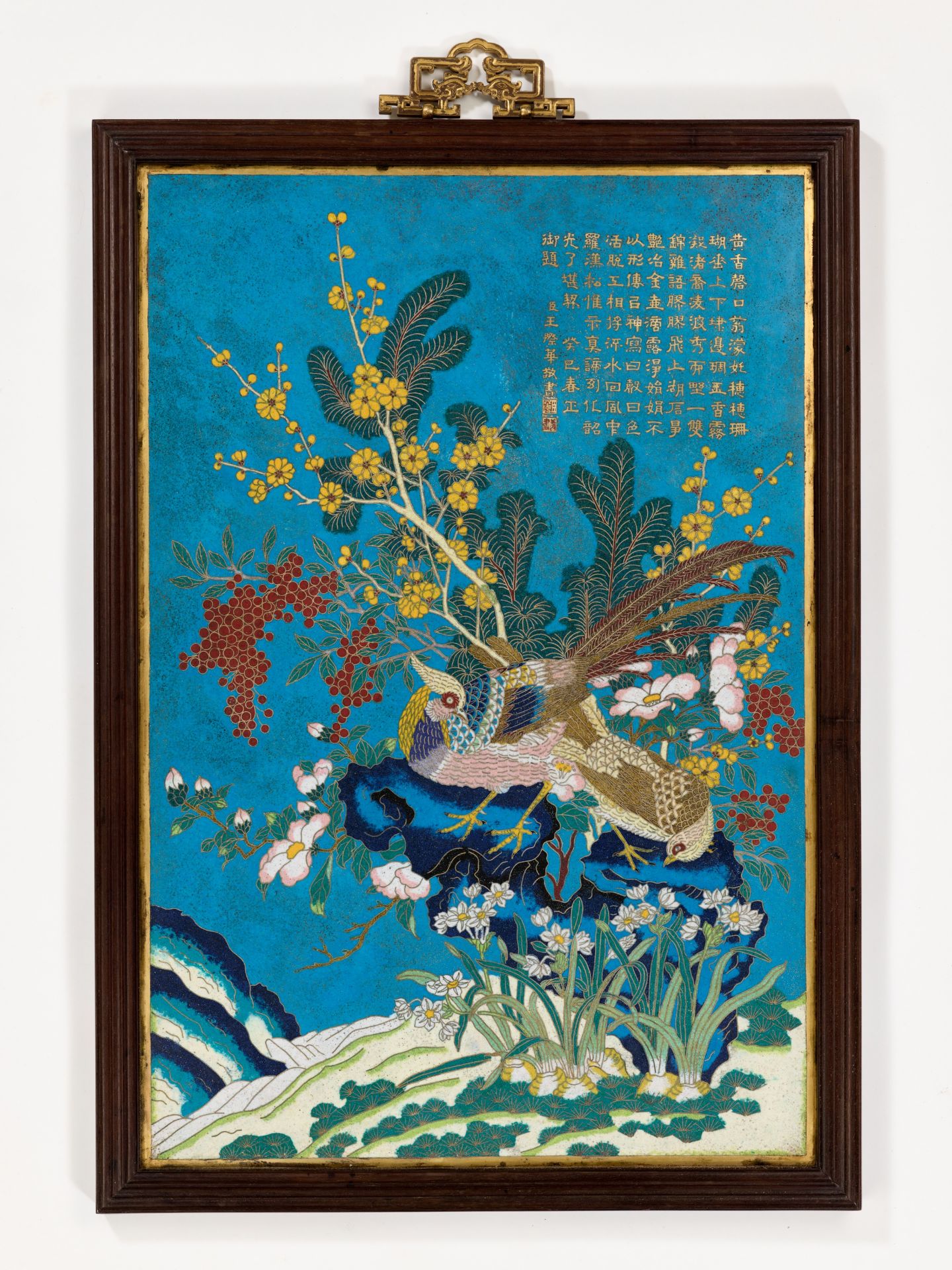 A CLOISONNE PANEL, INSCRIBED WITH A POEM BY THE QIANLONG EMPEROR