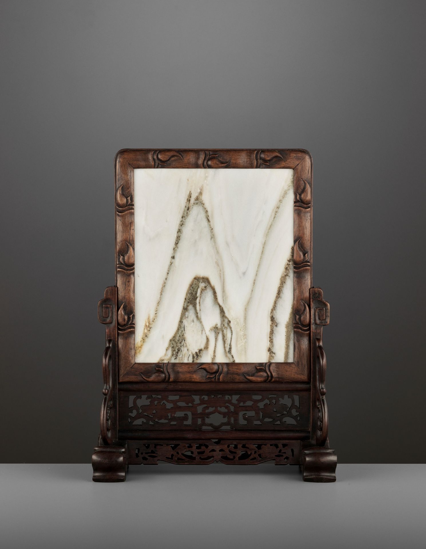A DREAMSTONE-INSET HARDWOOD TABLE SCREEN, QING DYNASTY