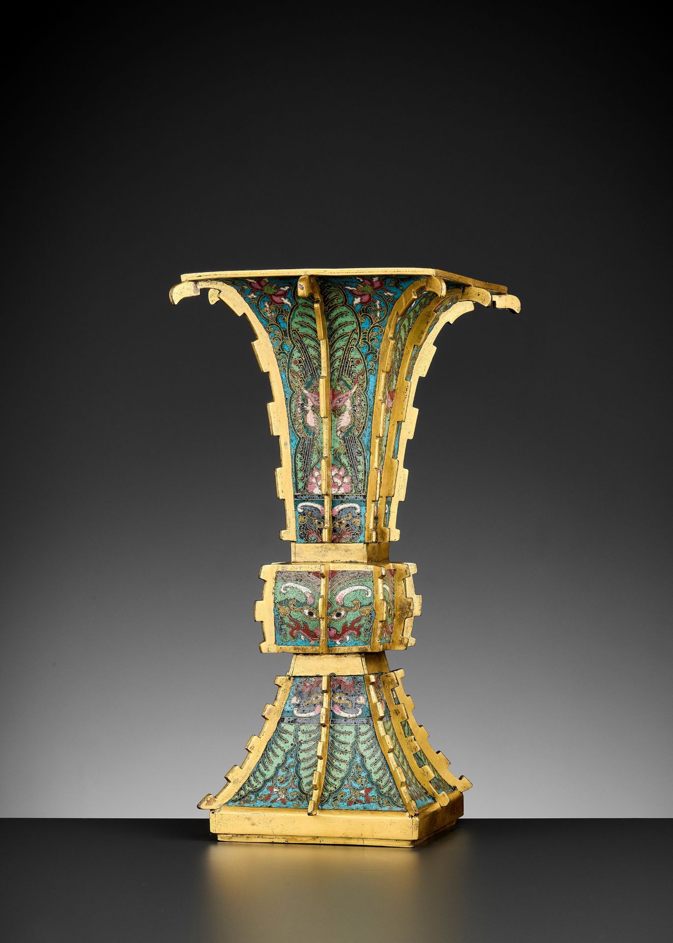 A GILT-BRONZE CLOISONNE ENAMEL VASE, FANG GU, YONGZHENG TO QIANLONG PERIOD