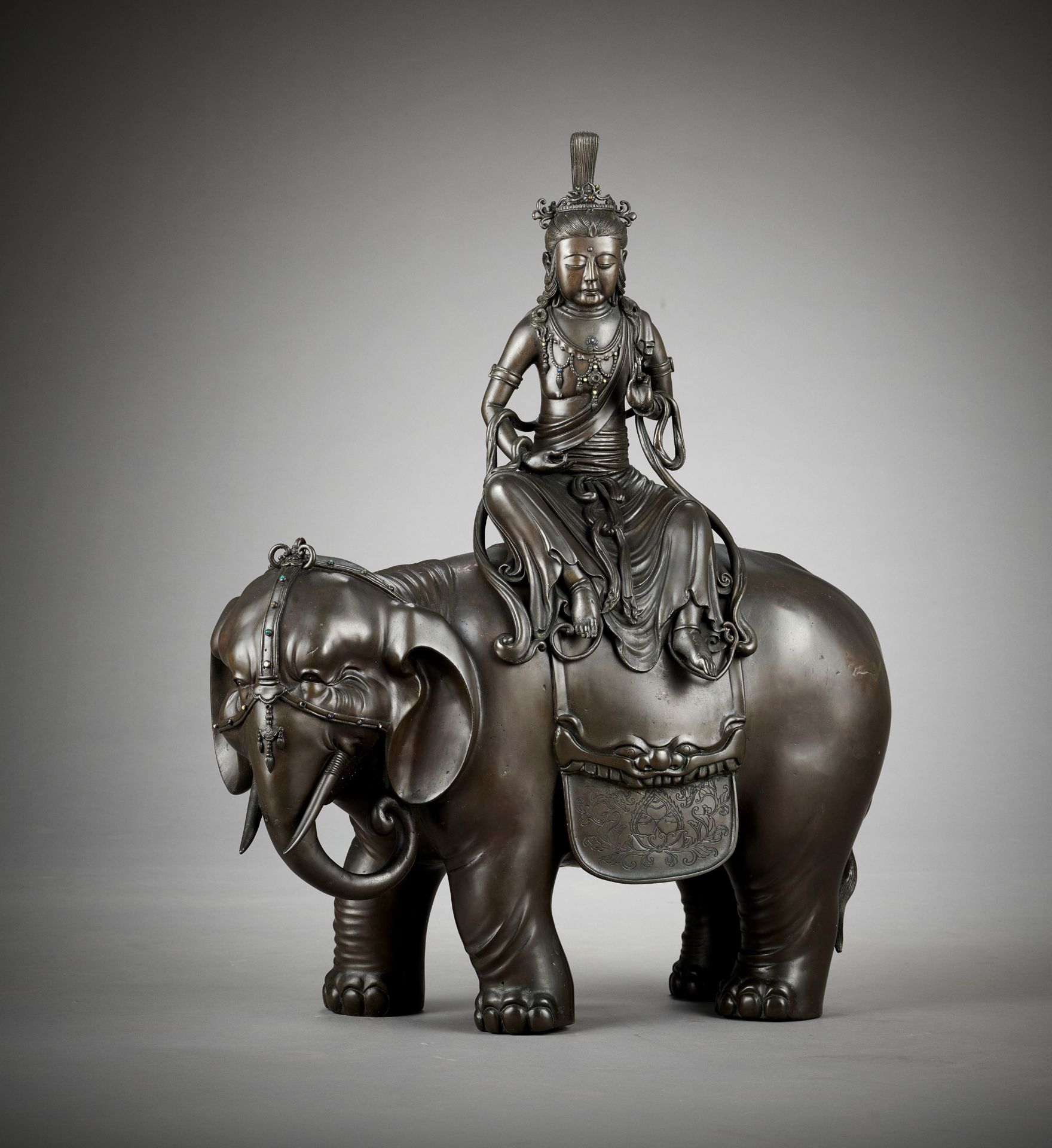 A UNIQUE MONUMENTAL BRONZE OF SAMANTABHADRA ON HIS ELEPHANT, SOLD AT THE 1901 GLASGOW EXHIBITION