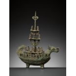 AN IMPORTANT AND RARE VOTIVE OR FUNERARY BRONZE 'DRAGON' BOAT, MAJAPAHIT