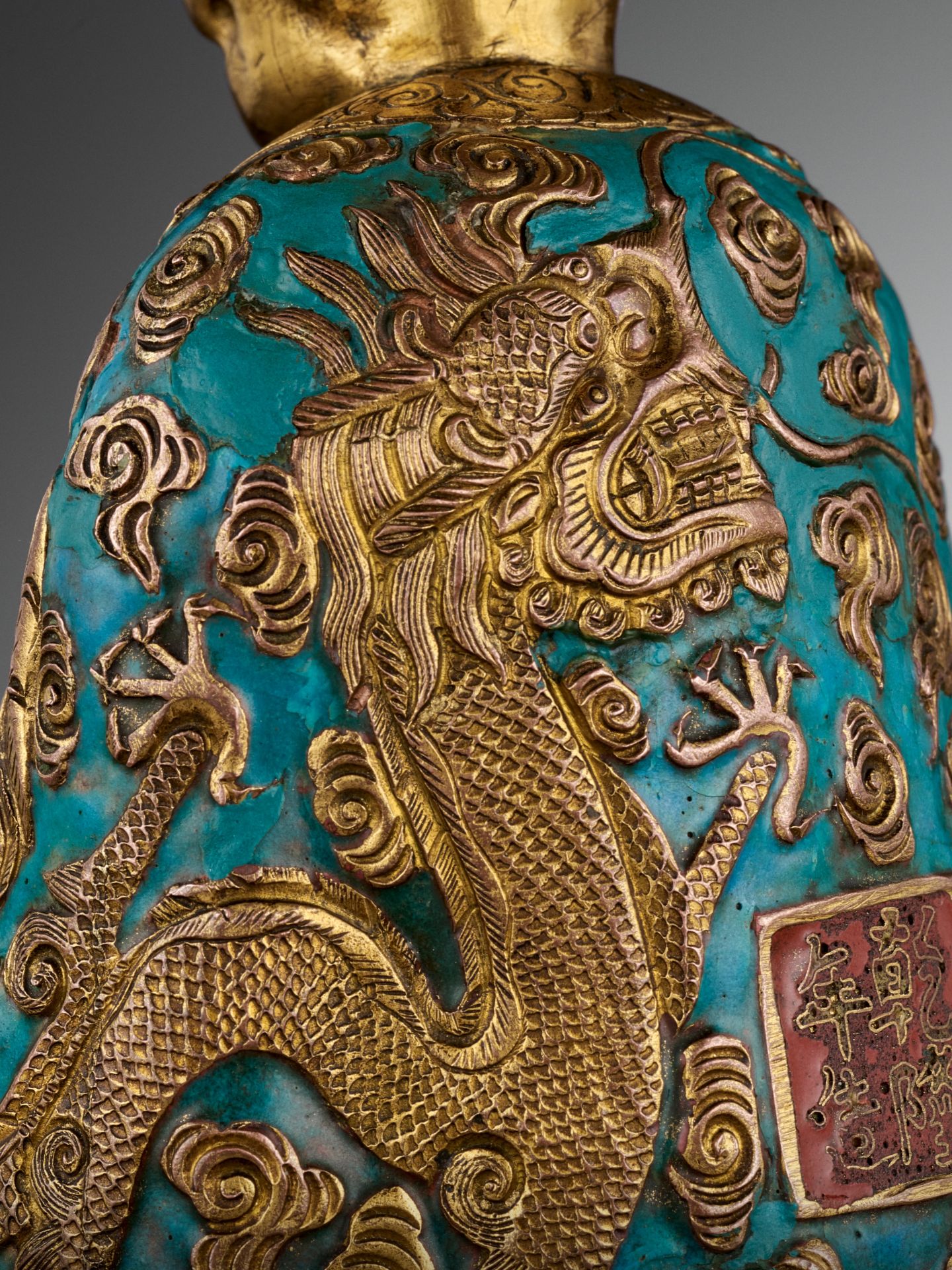 AN ENAMELED GILT-COPPER REPOUSSE LUOHAN, QIANLONG MARK AND PERIOD - Image 12 of 12