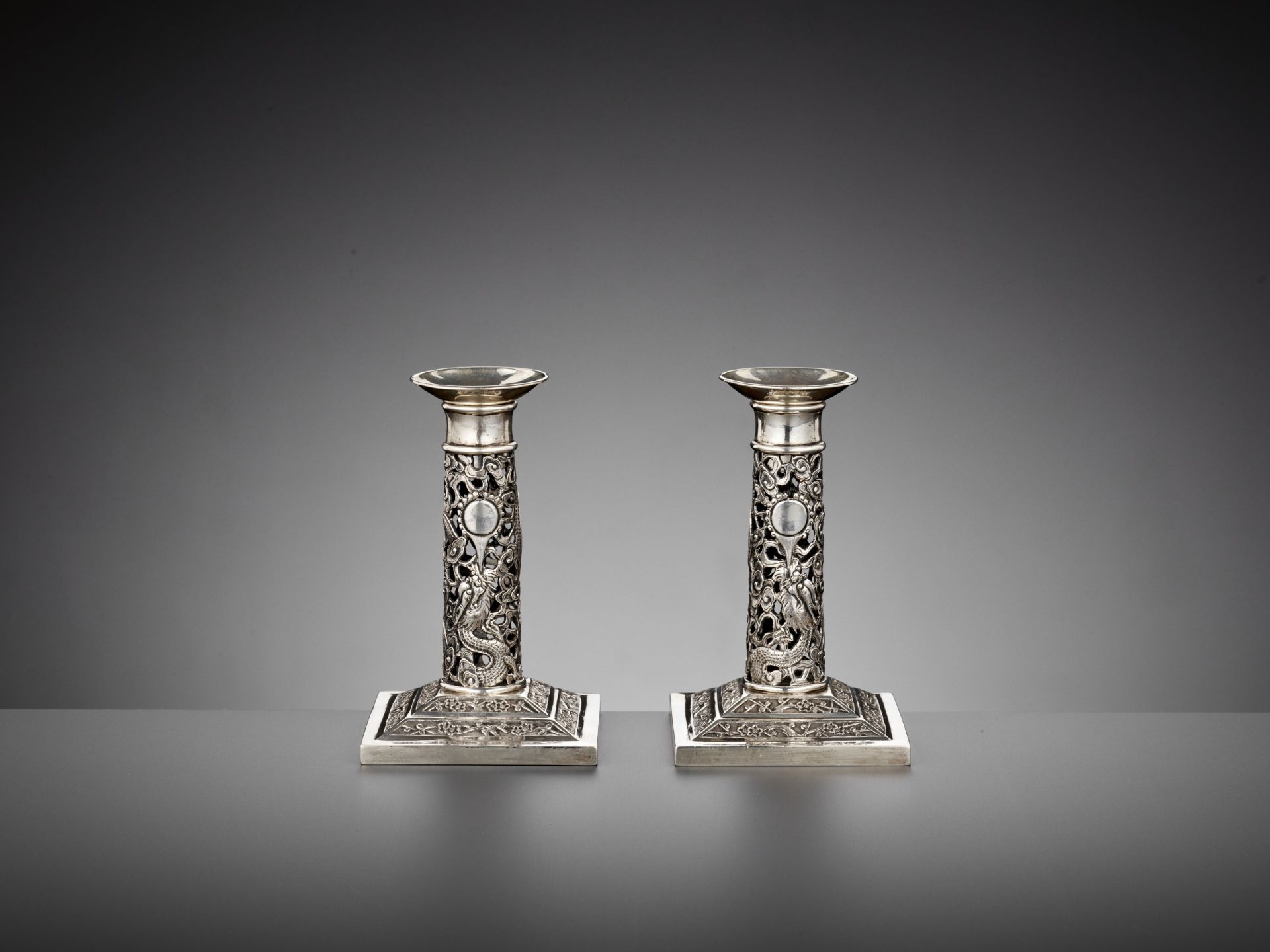 A PAIR OF RETICULATED SILVER CANDLESTICKS, WANG HING, LATE QING DYNASTY - Image 3 of 15