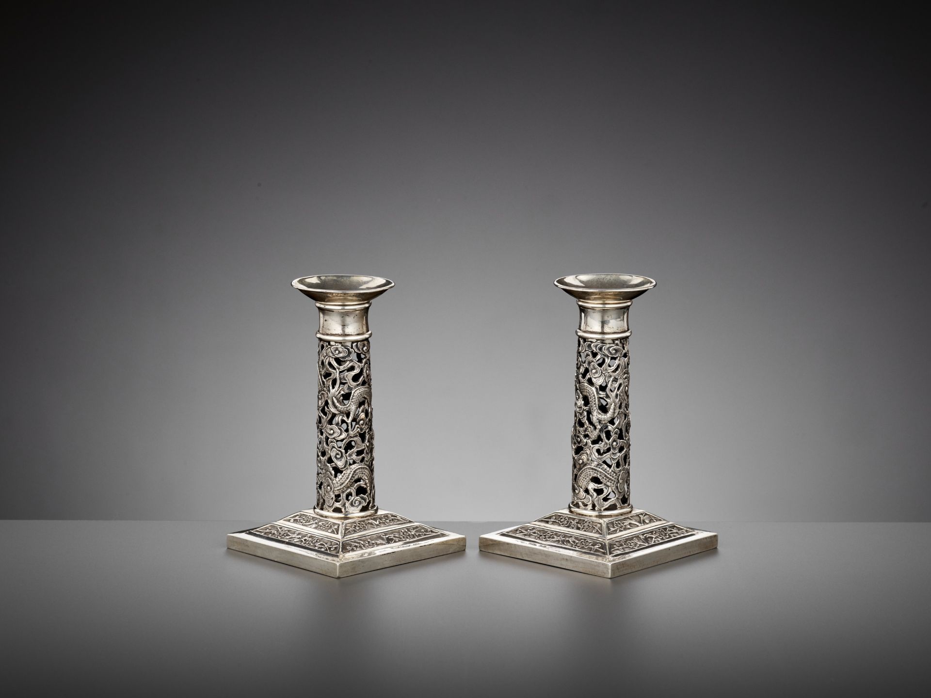 A PAIR OF RETICULATED SILVER CANDLESTICKS, WANG HING, LATE QING DYNASTY - Image 4 of 15