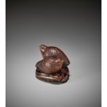 OKATOMO: A RARE STAINED WOOD NETSUKE OF TWO QUAILS ON MILLET