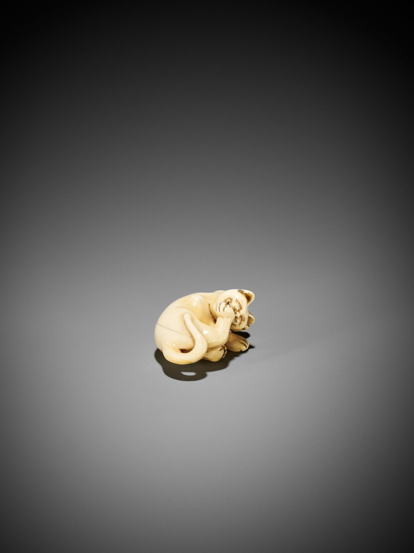 AN IVORY NETSUKE OF A CAT GROOMING ITSELF - Image 7 of 9