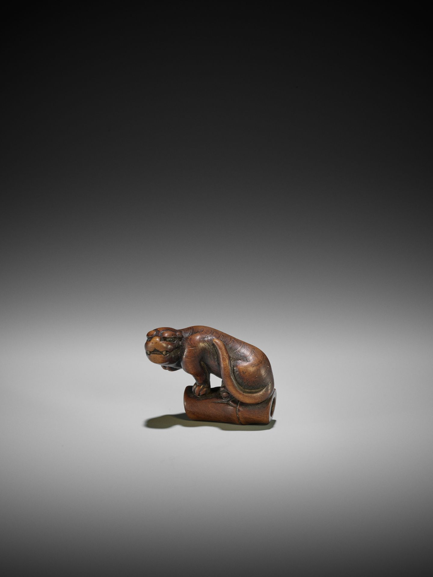 A FINE KYOTO SCHOOL WOOD NETSUKE OF A TIGER ON BAMBOO - Image 4 of 10