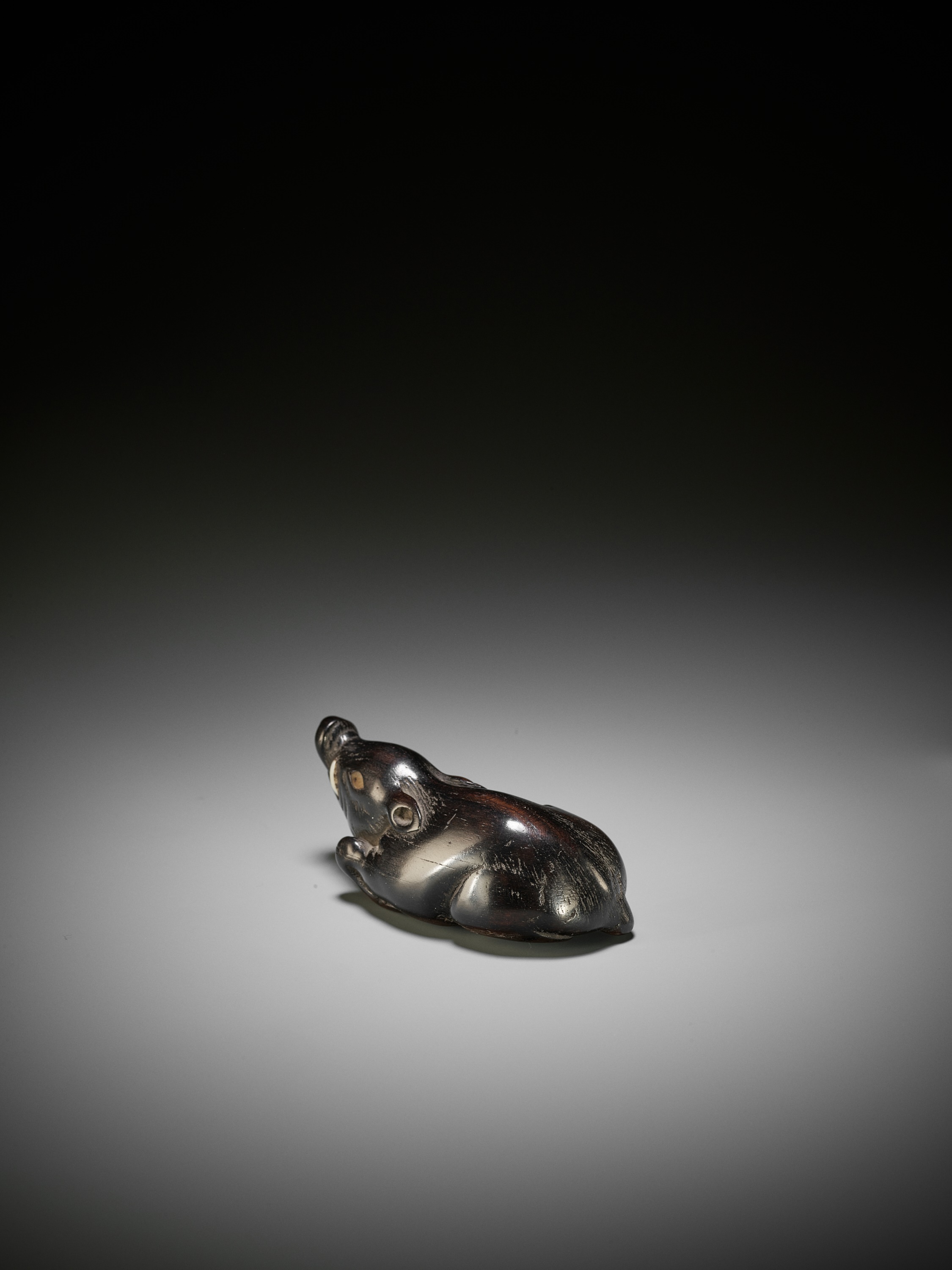 A LARGE AND OLD DARK WOOD NETSUKE OF A RECUMBENT BOAR - Image 7 of 9