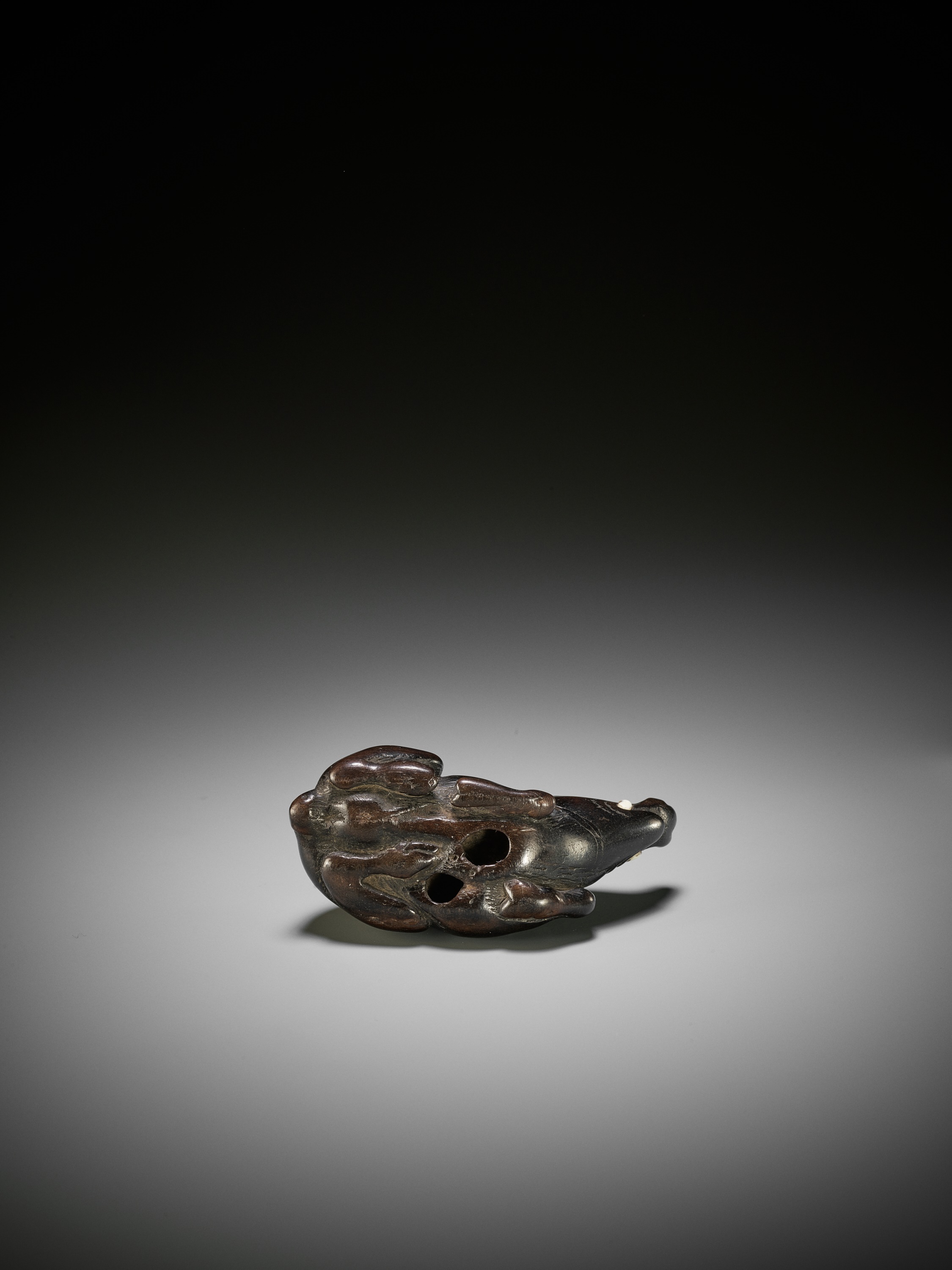 A LARGE AND OLD DARK WOOD NETSUKE OF A RECUMBENT BOAR - Image 9 of 9