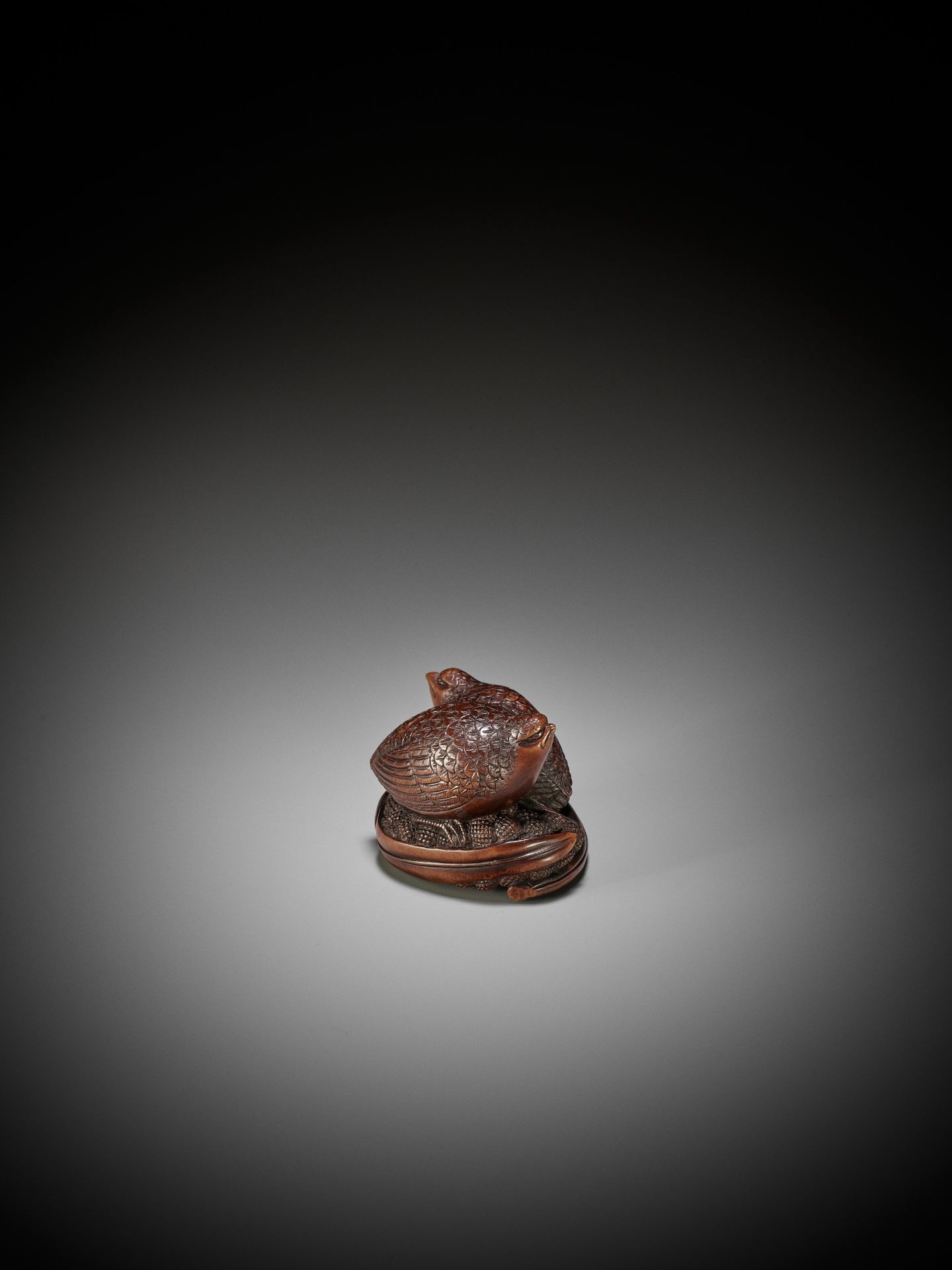 OKATOMO: A RARE STAINED WOOD NETSUKE OF TWO QUAILS ON MILLET - Image 6 of 9