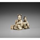 MINKOKU: AN IVORY NETSUKE OF A LADY AND AN ATTENDANT CALLIGRAPHING