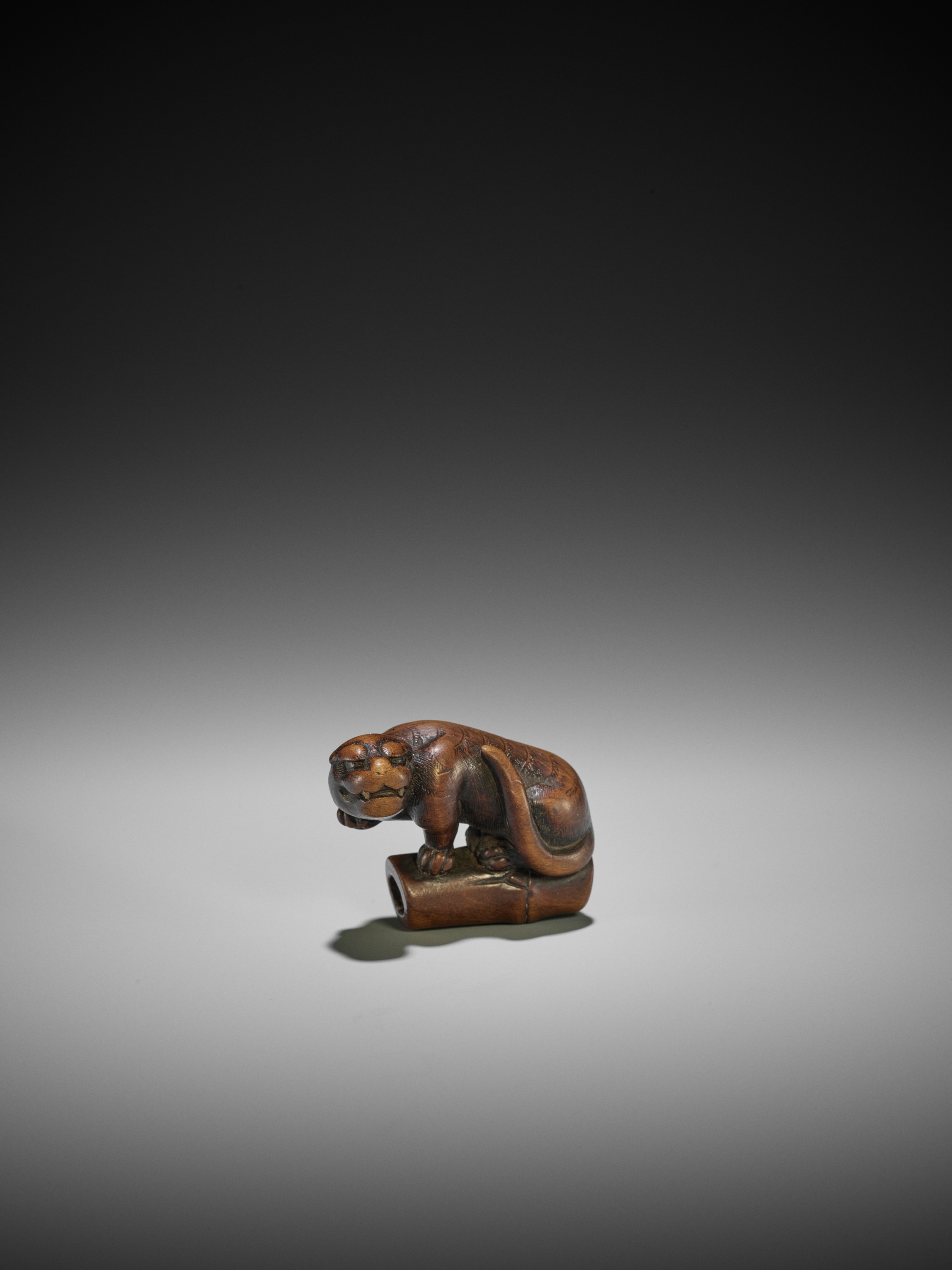 A FINE KYOTO SCHOOL WOOD NETSUKE OF A TIGER ON BAMBOO - Image 2 of 10