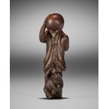 MIWA: A RARE WOOD NETSUKE OF AN OCTOPUS GHOST AND MONKEY