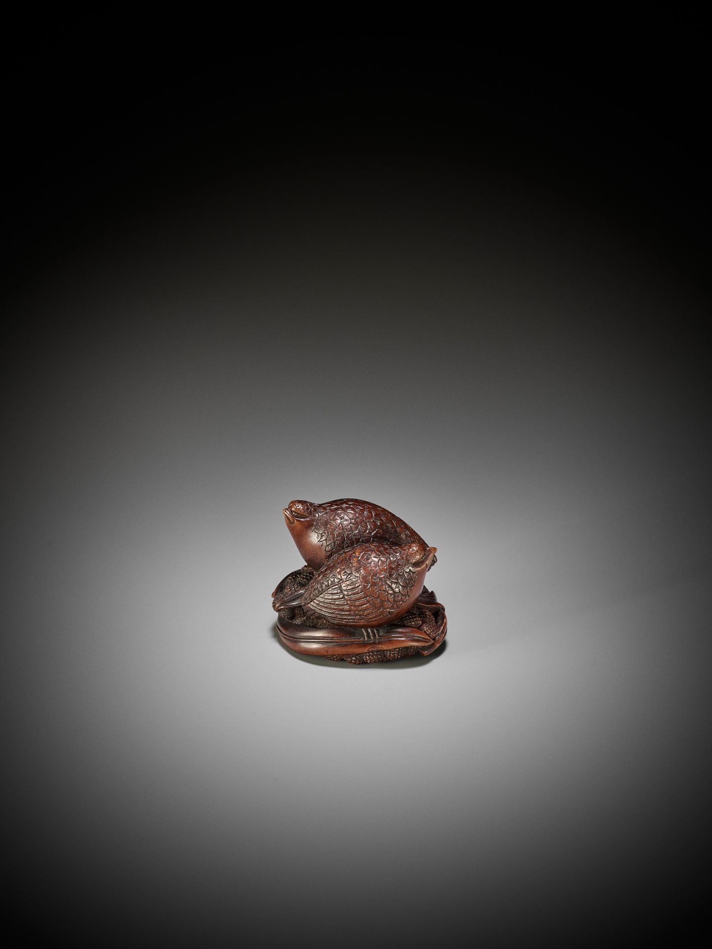 OKATOMO: A RARE STAINED WOOD NETSUKE OF TWO QUAILS ON MILLET - Image 3 of 9