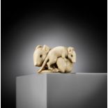 A POWERFUL AND LARGE KYOTO SCHOOL IVORY NETSUKE OF A RAT AND YOUNG