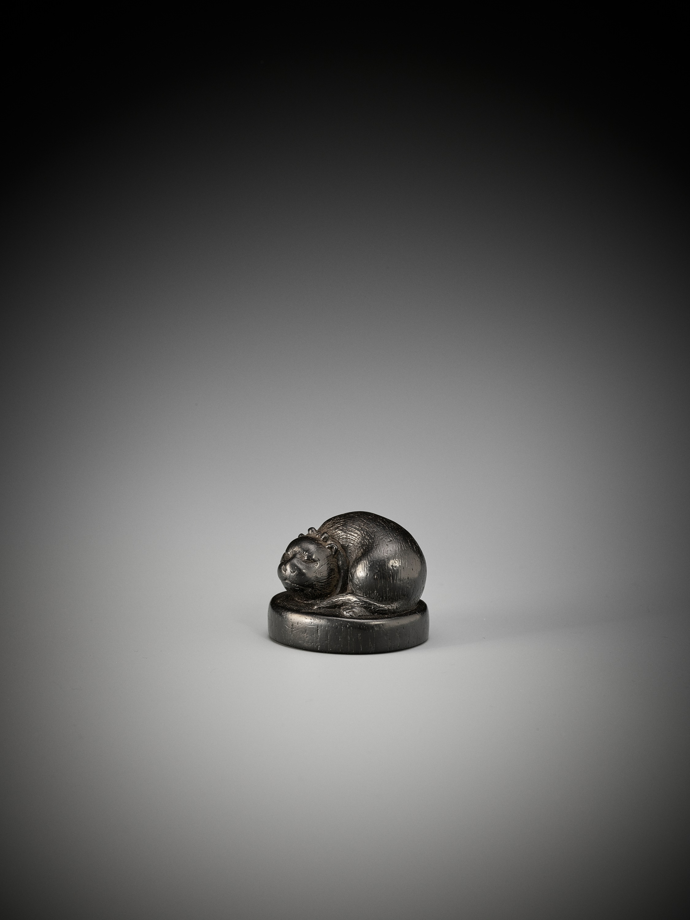 FUTSUHIRA: A RARE EBONY WOOD NETSUKE OF A FAT CAT - Image 3 of 8