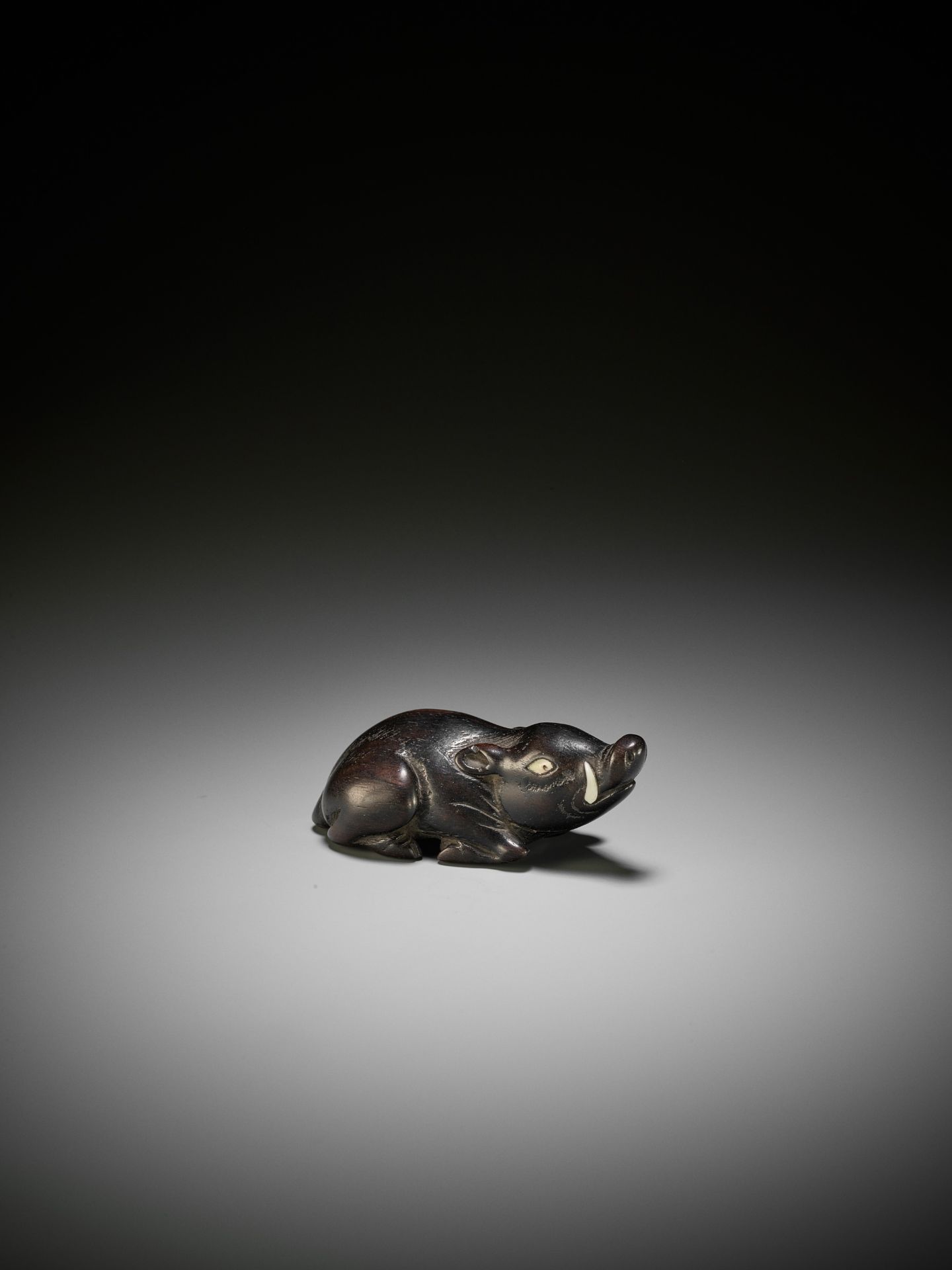 A LARGE AND OLD DARK WOOD NETSUKE OF A RECUMBENT BOAR - Image 4 of 9