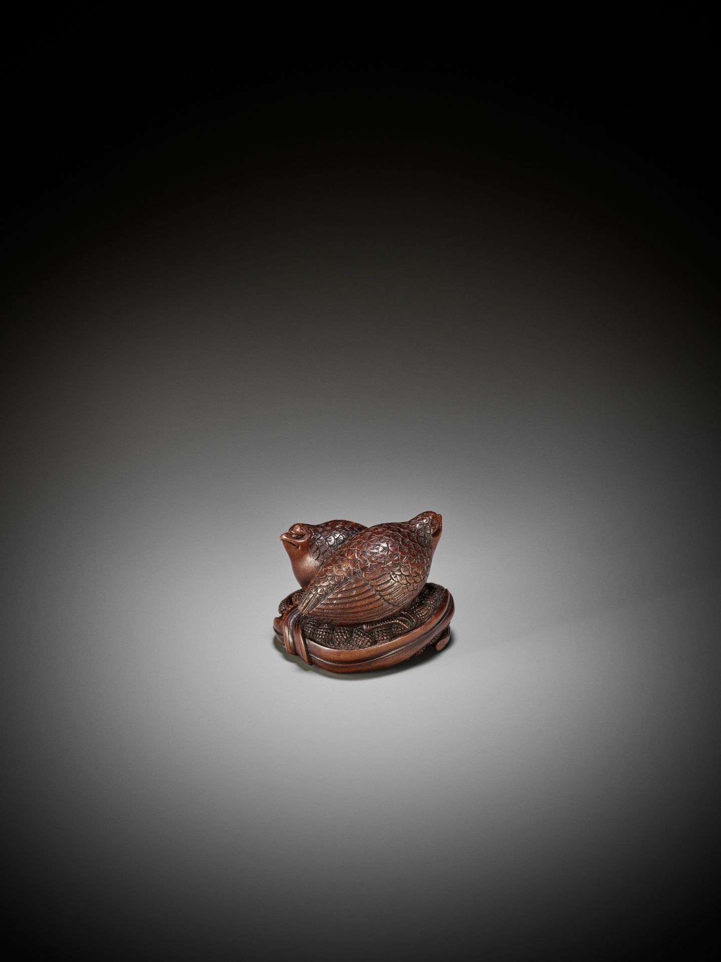 OKATOMO: A RARE STAINED WOOD NETSUKE OF TWO QUAILS ON MILLET - Image 5 of 9