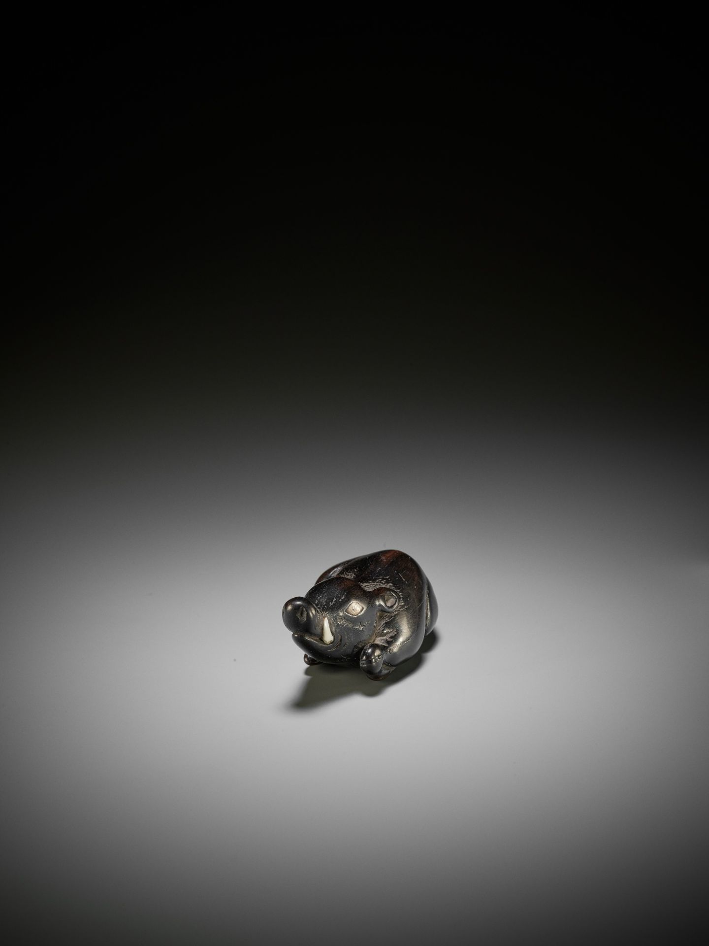 A LARGE AND OLD DARK WOOD NETSUKE OF A RECUMBENT BOAR - Image 6 of 9