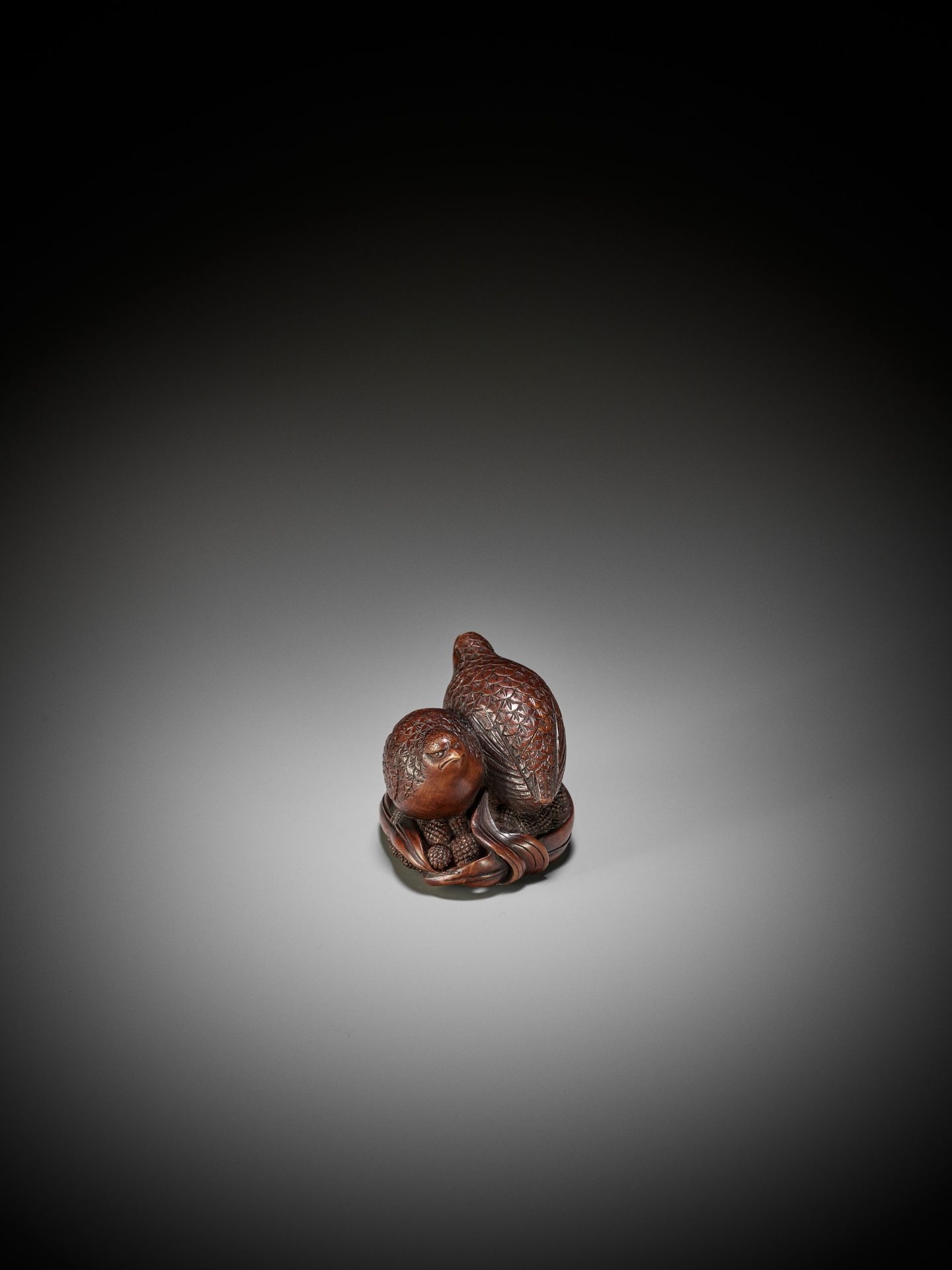 OKATOMO: A RARE STAINED WOOD NETSUKE OF TWO QUAILS ON MILLET - Image 4 of 9