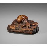 KEIGYOKU: A WOOD NETSUKE OF A SNAIL ON DRIFTWOOD