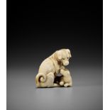 TOMOTADA: A FINE IVORY NETSUKE OF A BITCH AND PUP