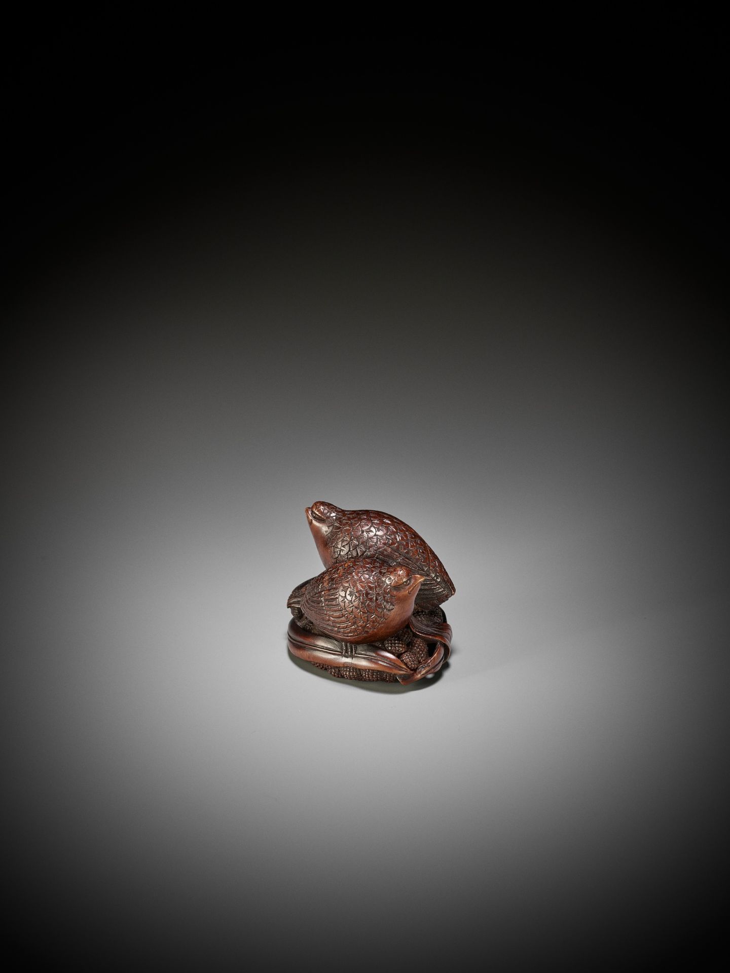OKATOMO: A RARE STAINED WOOD NETSUKE OF TWO QUAILS ON MILLET - Image 2 of 9