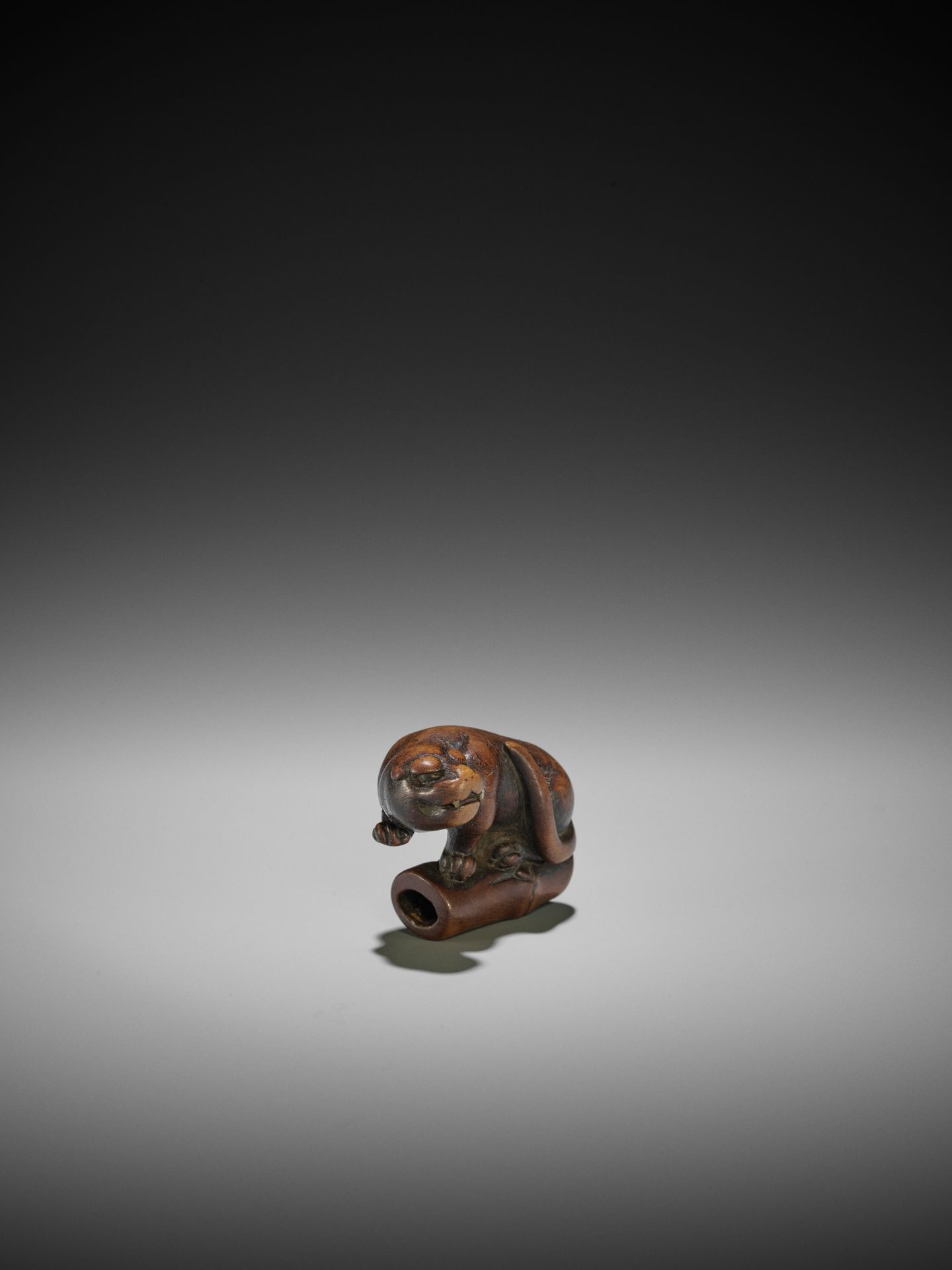 A FINE KYOTO SCHOOL WOOD NETSUKE OF A TIGER ON BAMBOO - Image 9 of 10